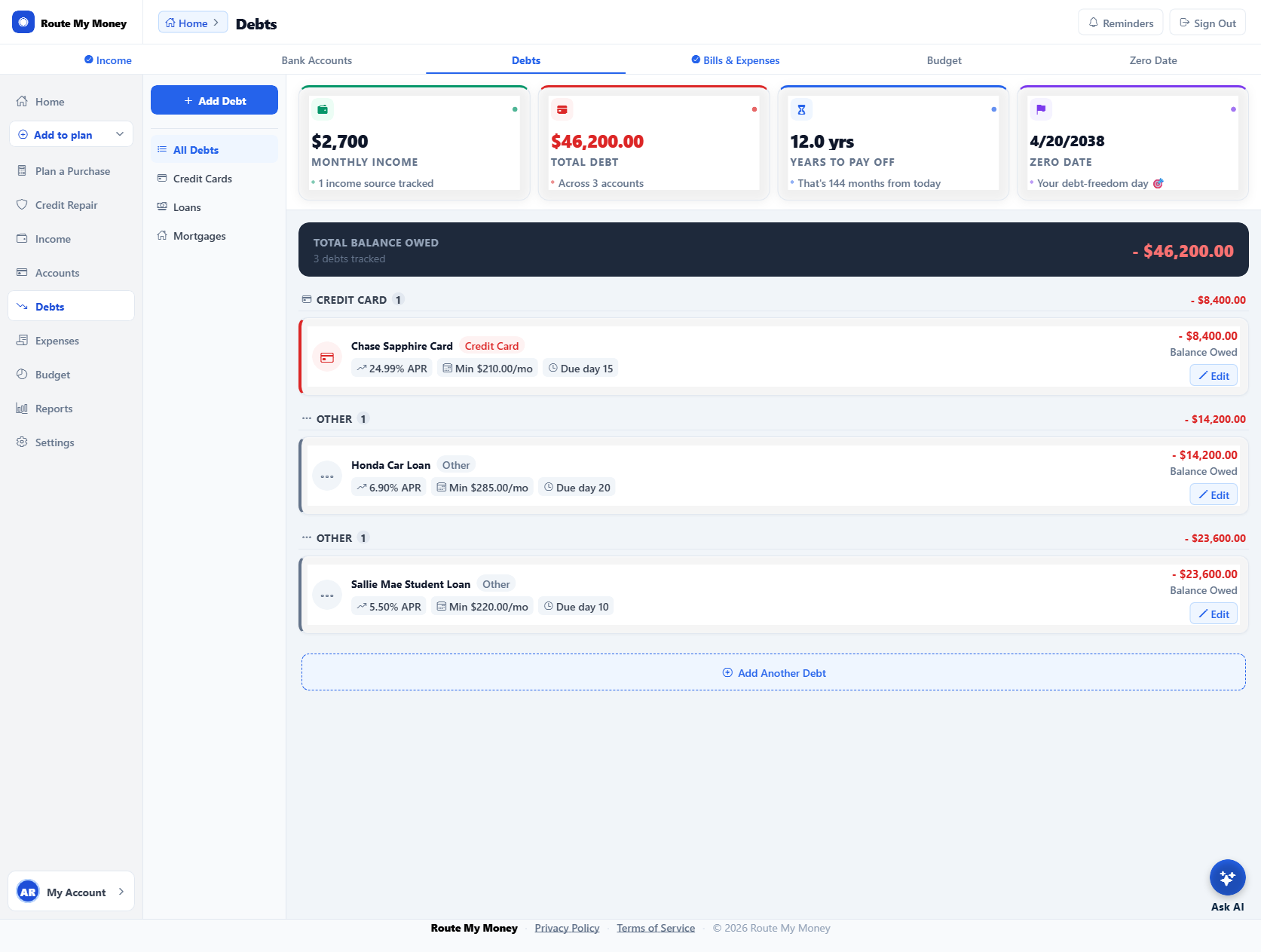 Route My Money Debts tab listing each debt with balance, APR, and minimum payment