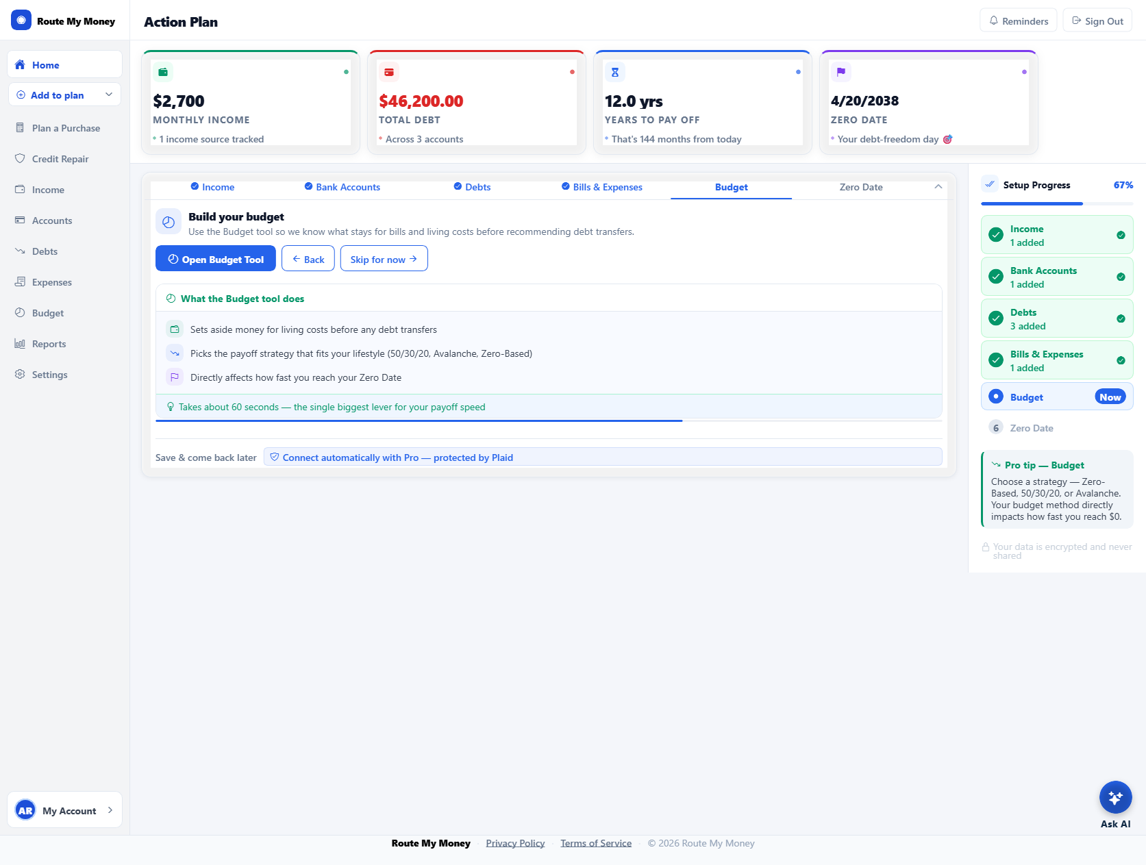 Route My Money dashboard showing your debt-free date and personalized plan